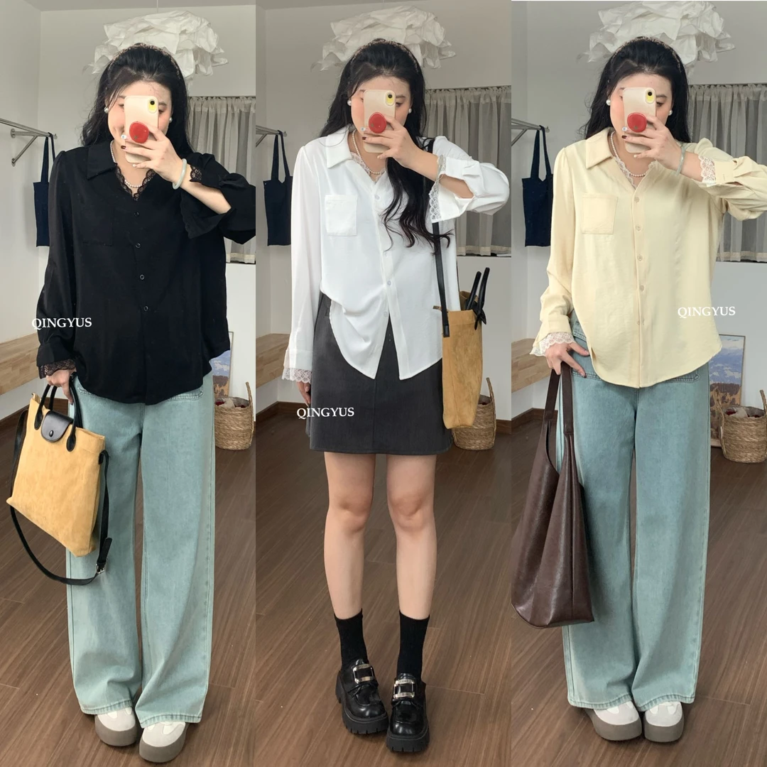 QINGYUS-蕾丝花边翻领V领气质正肩纽扣微胖显瘦大码女装衬衫上衣