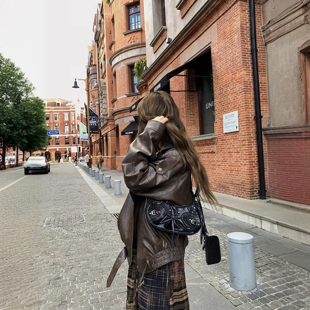 美式复古棕色美拉德机车PU皮衣外套女2025早秋气质高级感宽松显瘦
