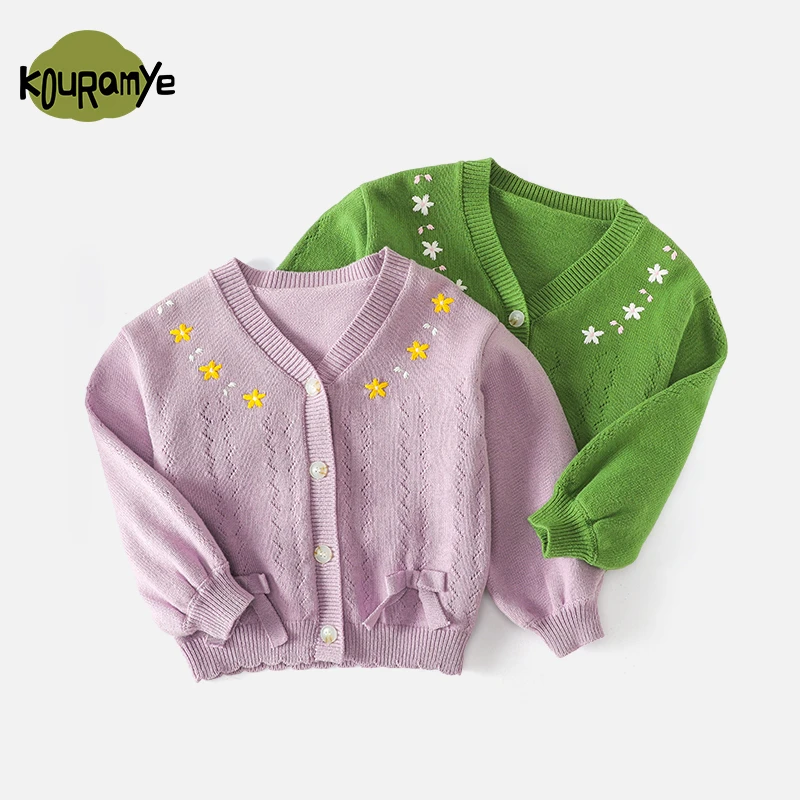 酷娃米春季新款儿童毛衣中小女宝时尚复古刺绣花朵开衫4469