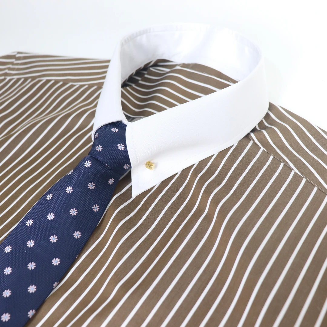 男士蓝白条纹拼色领纯棉长袖衬衫商务修身职业正装青年休闲衬衣男