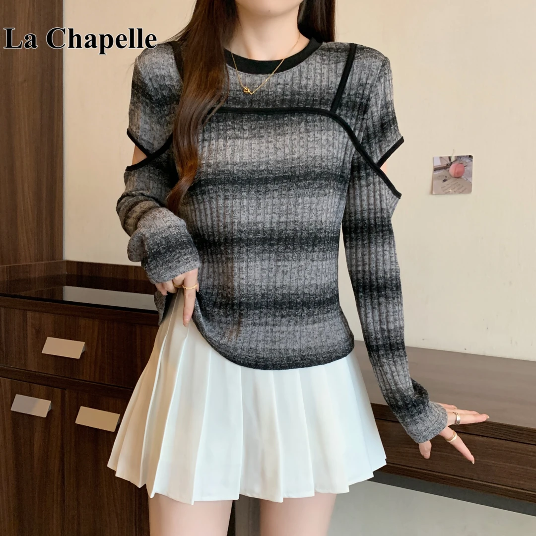 拉夏贝尔正肩条纹长袖T恤女秋季大码胖mm设计感镂空上衣爆款小衫