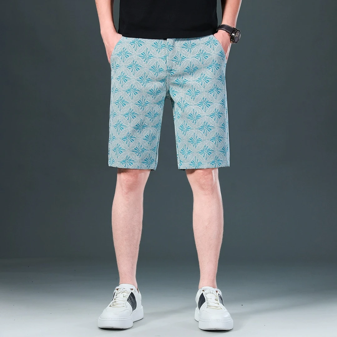 高端五分休闲花短裤男修身直筒2025夏季薄款外穿休闲印花5分中裤