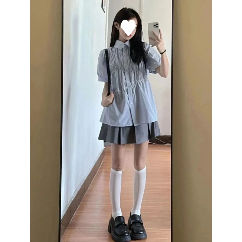 2025年新款夏季温柔系穿搭一整套女韩版宽松衬衫高腰短裙两件套装