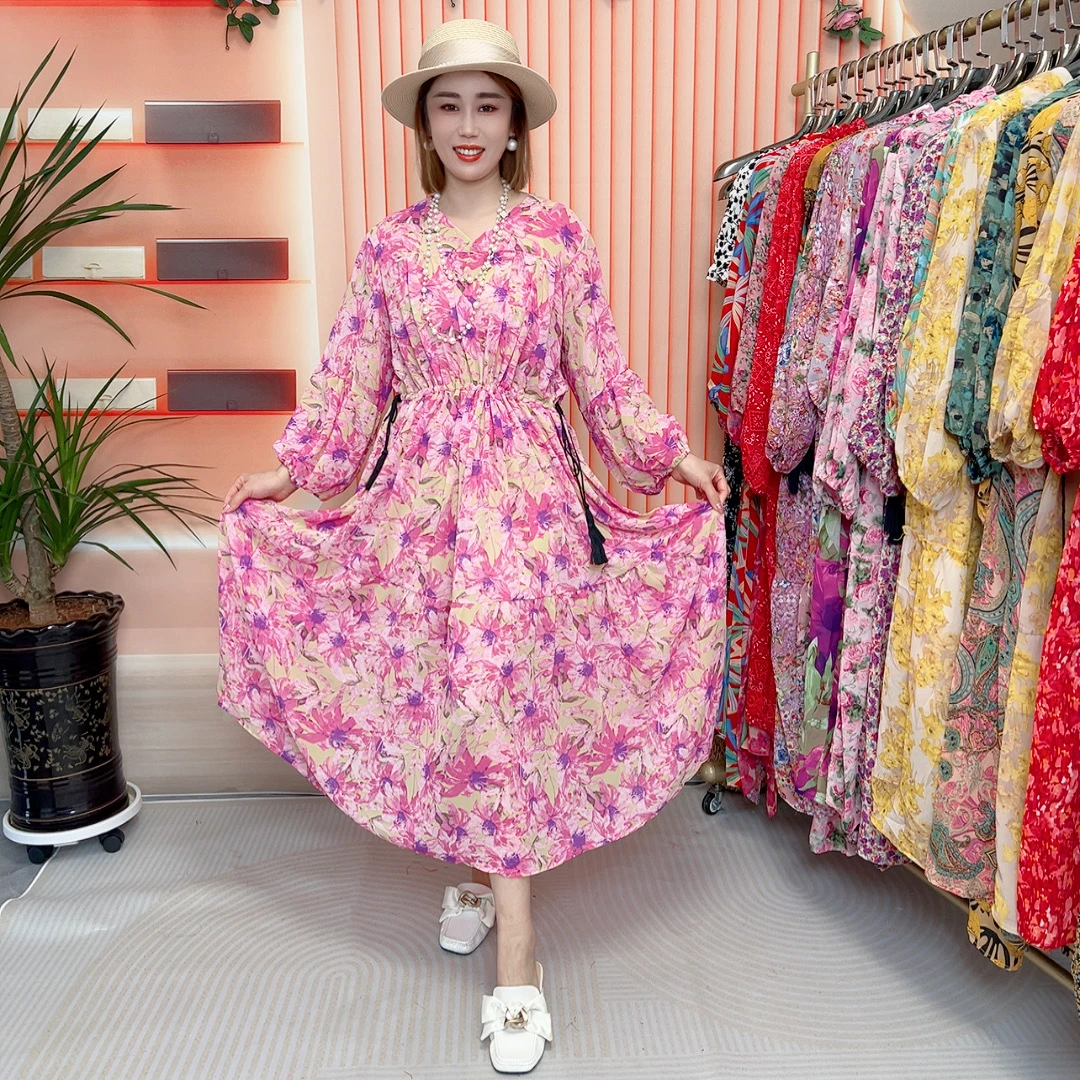 【甜美蔷薇】碎花抽绳收腰度假风时尚宽松显瘦V领气质长裙连衣裙