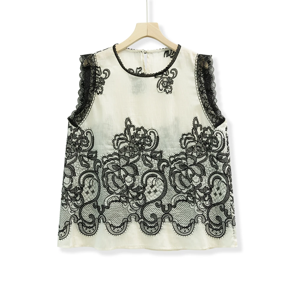 如是花开「白茶清欢」天丝苎麻轻薄蕾丝绣花无袖T恤1268-352-8085