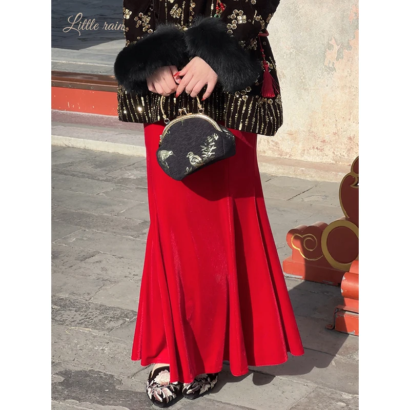 小雨姐姐【青青淑女】休闲时尚收腰显瘦丝绒鱼尾半身裙女冬季新款