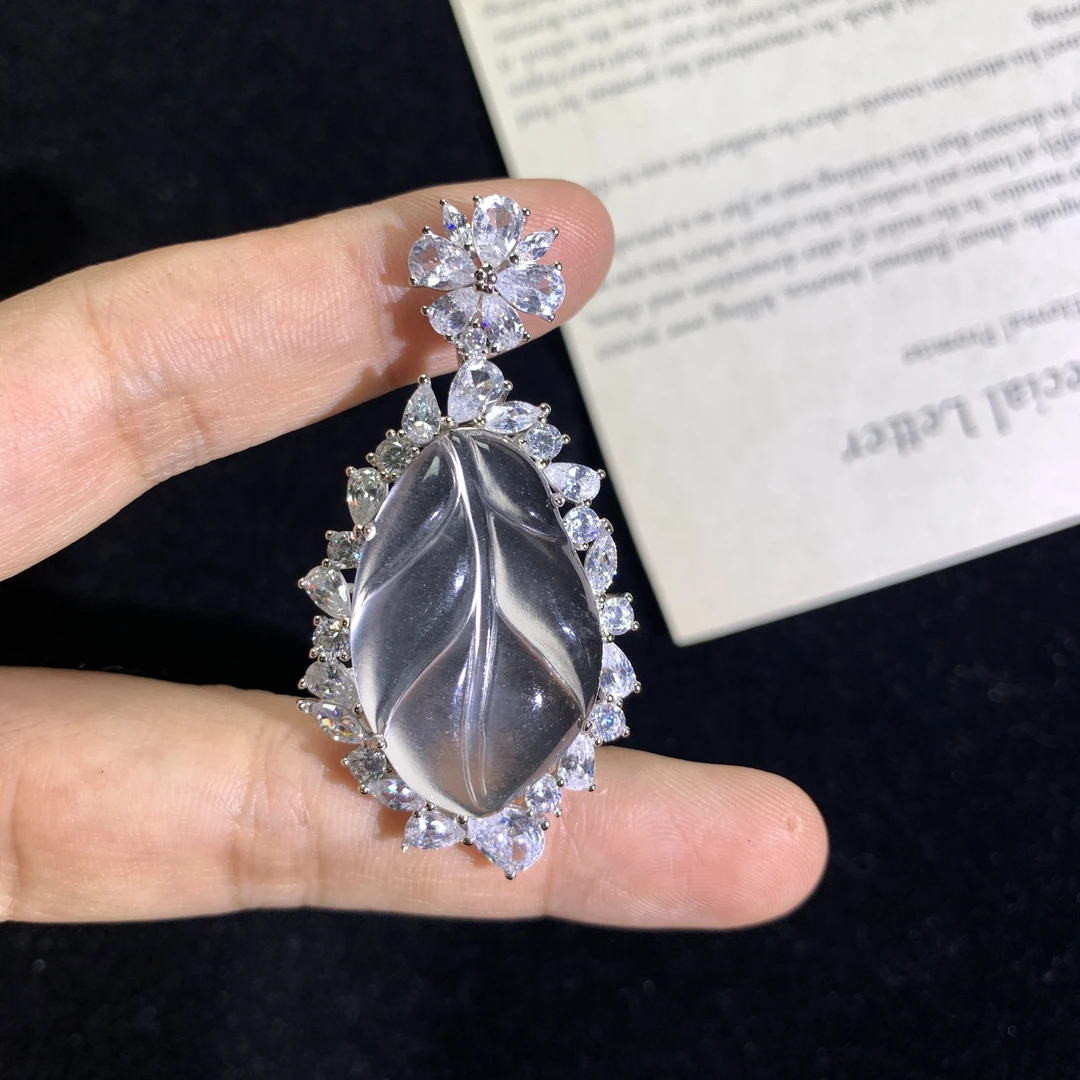 天然俄料玻璃种石英质玉 叶子吊坠银镶冰透豪华精质气质 挂坠项链