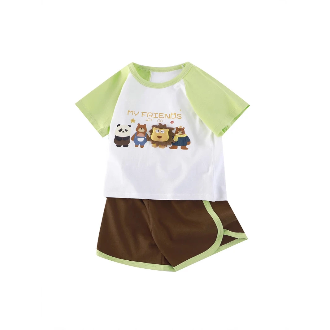 儿童短袖套装卡通玩偶T恤纯棉男童女童夏季两件套宽松中小童肩扣D