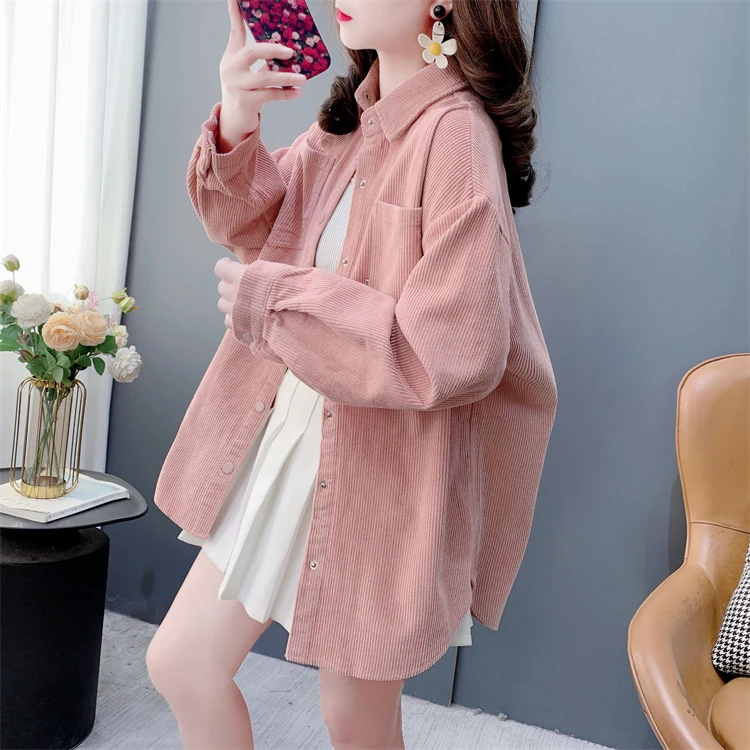 灯芯绒纯色长袖衬衫外套女春季2025年新款宽松慵懒风百搭休闲上衣