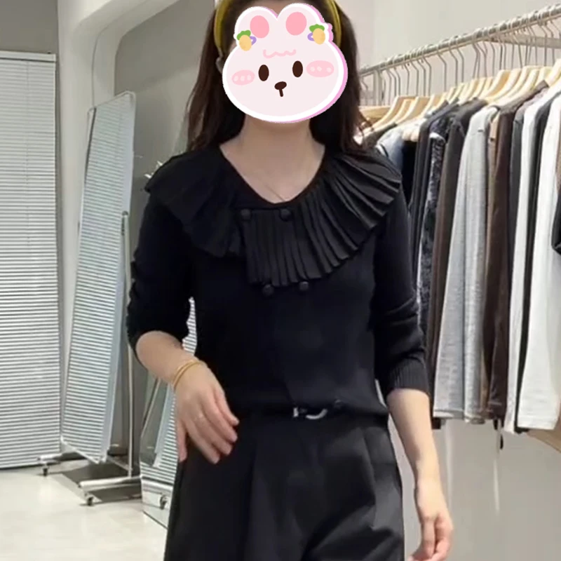 小香风荷叶领针织衫女2025秋季新款显瘦休闲百搭小众设计感上衣