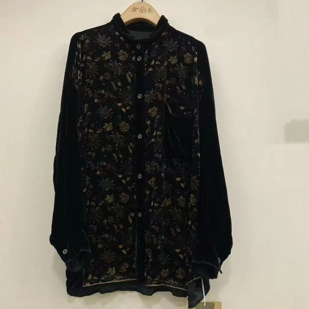 秋季新款宽松花色文艺金丝绒长袖翻领衬衫