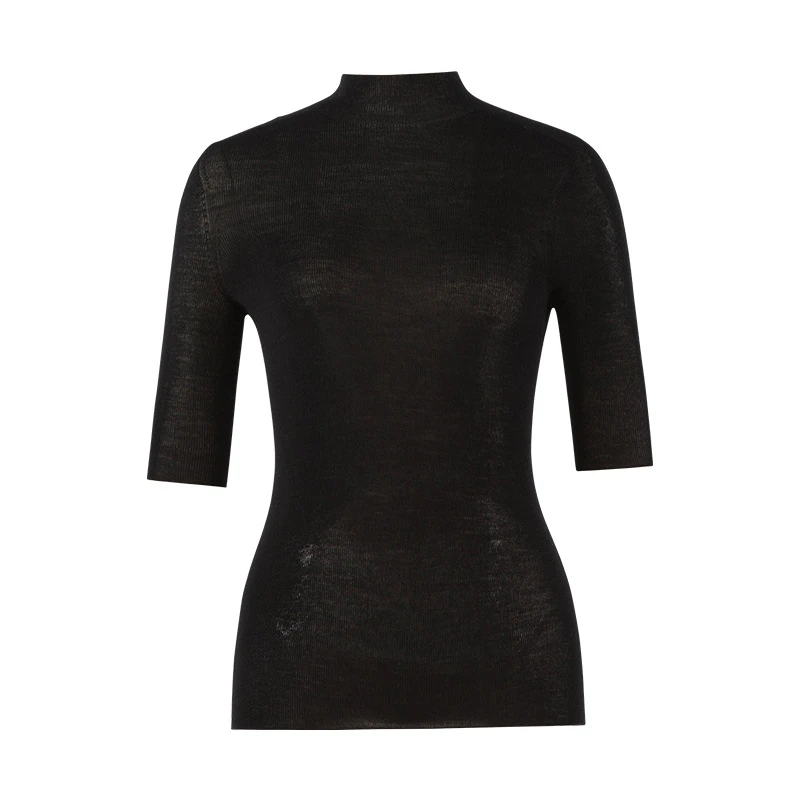 女士精纺扬子纱60支18针凉感新款可机洗短袖半高T恤修身半高领