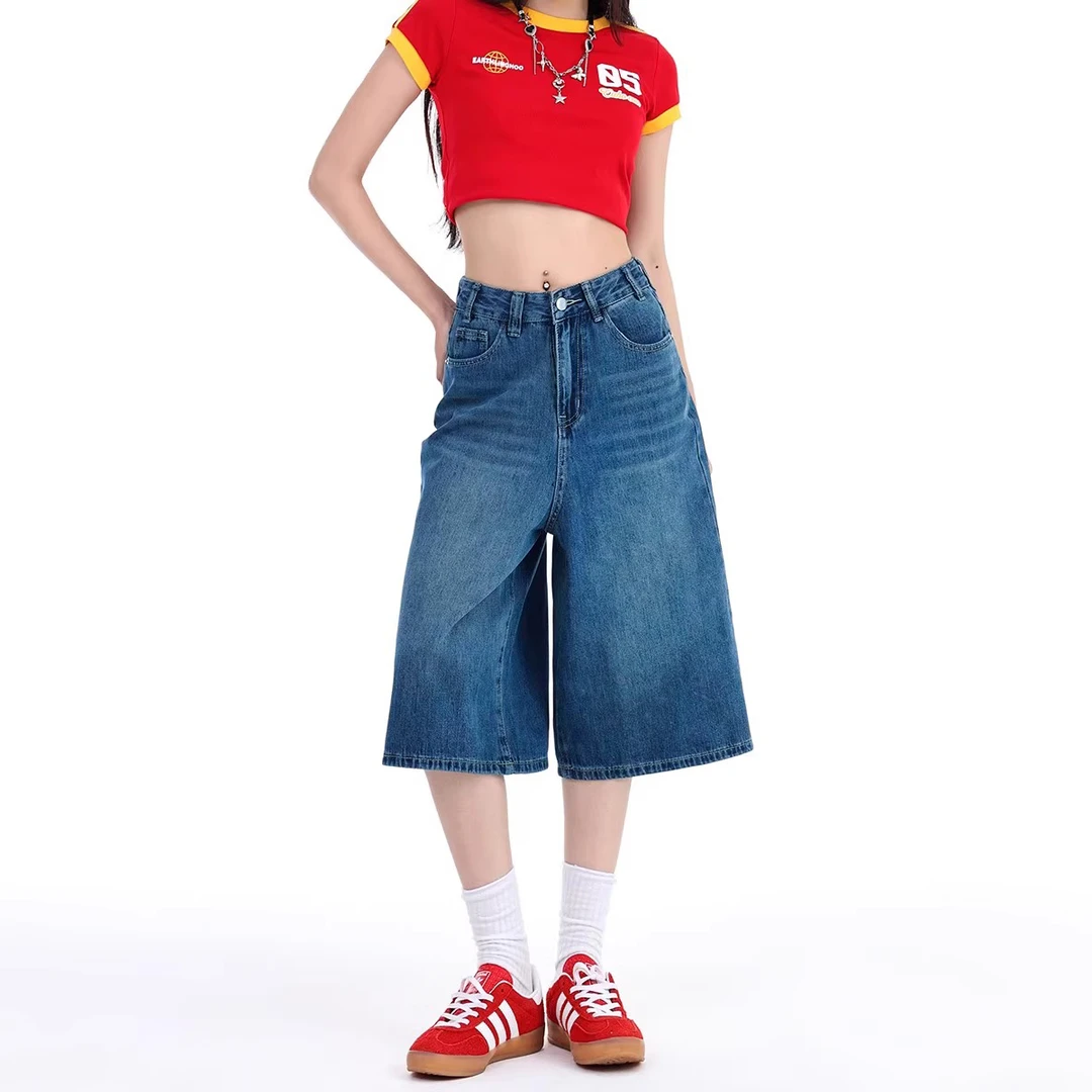 美式阔腿七分牛仔裤女2025年夏季新款7分裤显瘦直筒八分爆款裤子