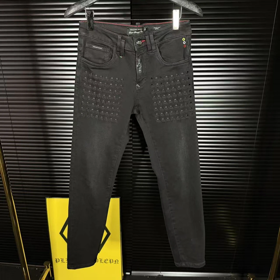 高品质欧货潮牌秋冬季时尚修身高级百搭骷髅头男士黑色牛仔裤8807