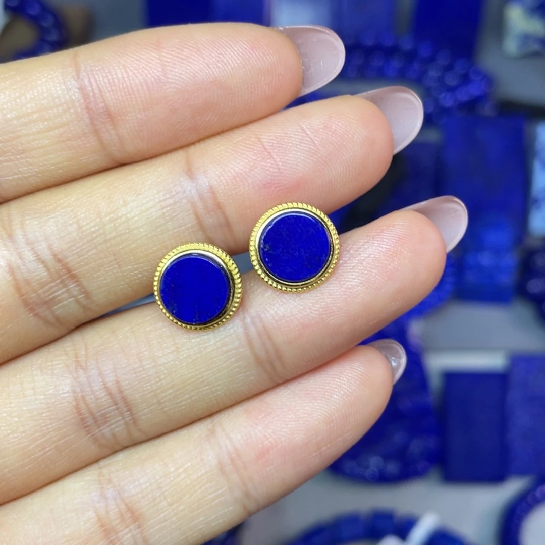 青金石银S925镀金镶嵌10mm耳饰