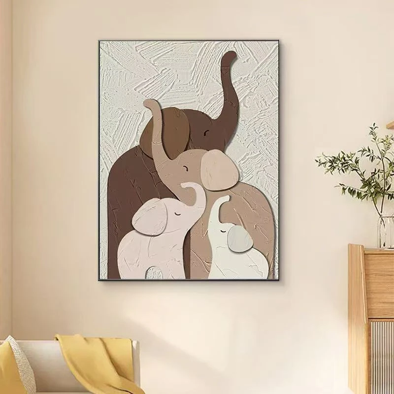 【云尚】清新奶油风晶瓷铝合金边框小象母子象装饰画餐厅挂画5070