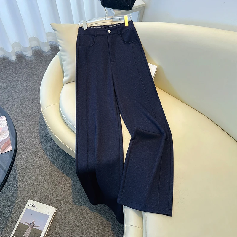 V/雅鹿显瘦宽松直筒裤子秋季爆款气质高腰休闲裤女百搭花边阔腿裤