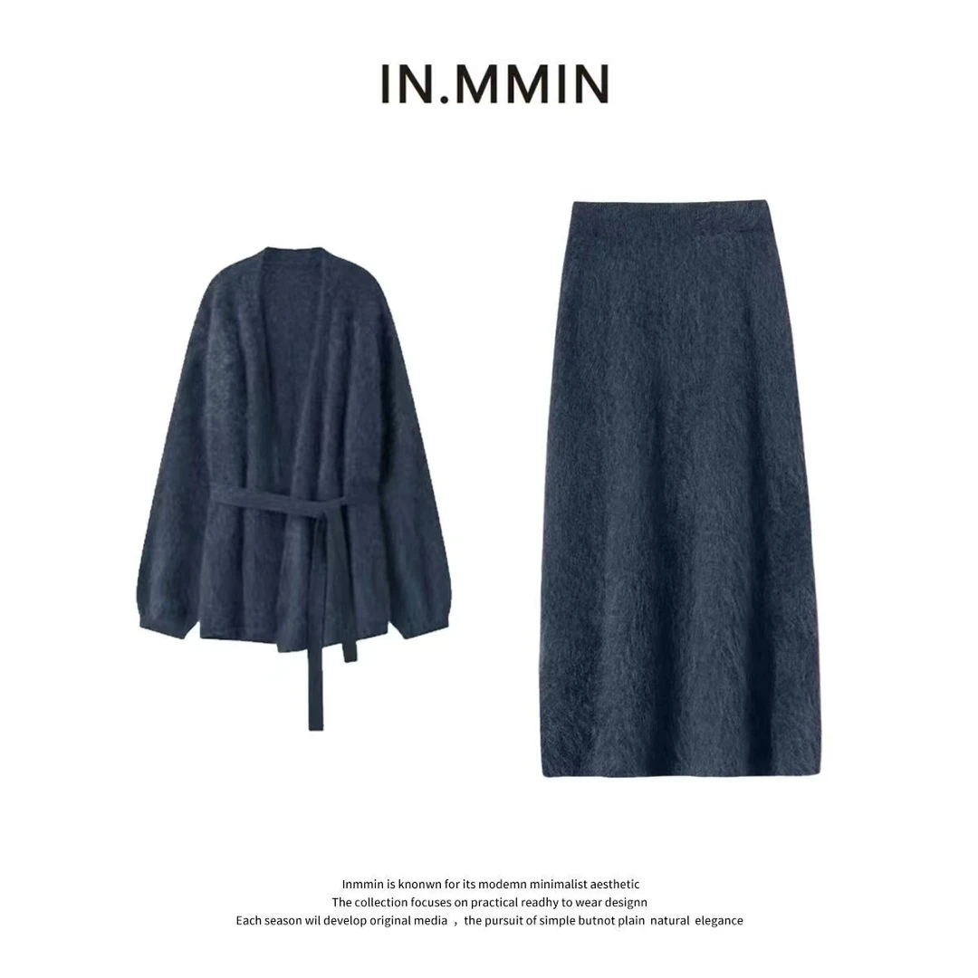 INMMIN 2025新款慵懒复古高级感拉绒羊毛针织两件套带腰带