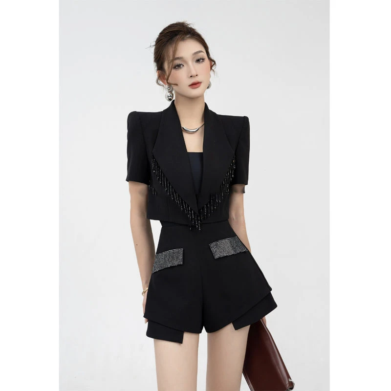 2025夏季新款时尚御姐范西服上衣黑色重工高级显瘦短袖西装外套女