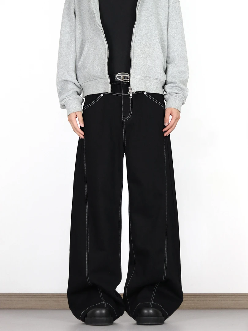 XIAOC美式解构明线设计阔腿牛仔裤男款百搭直筒宽松休闲弯刀长裤