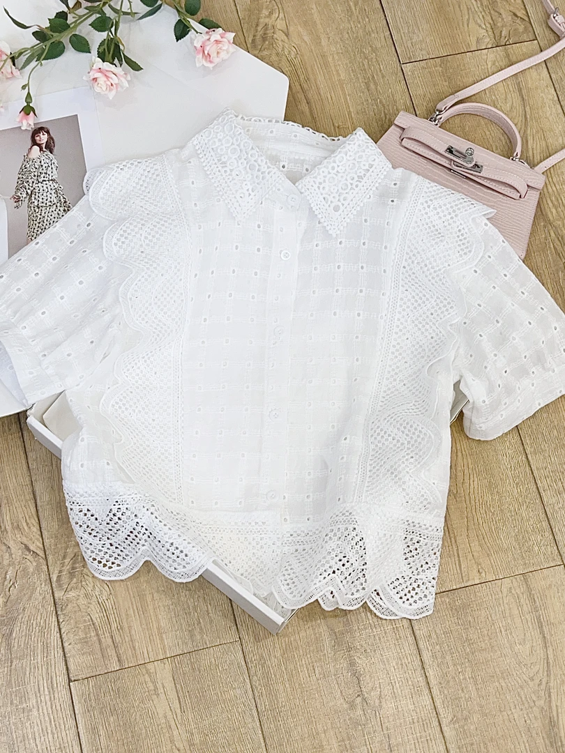 琳心丨夏季新款白色休闲百搭蕾丝镂空拼接短袖衬衫 MDY1668