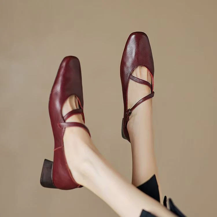 女鞋单鞋玛丽珍浅口单鞋粗跟精致方头软皮轻便红色女鞋百搭鞋子