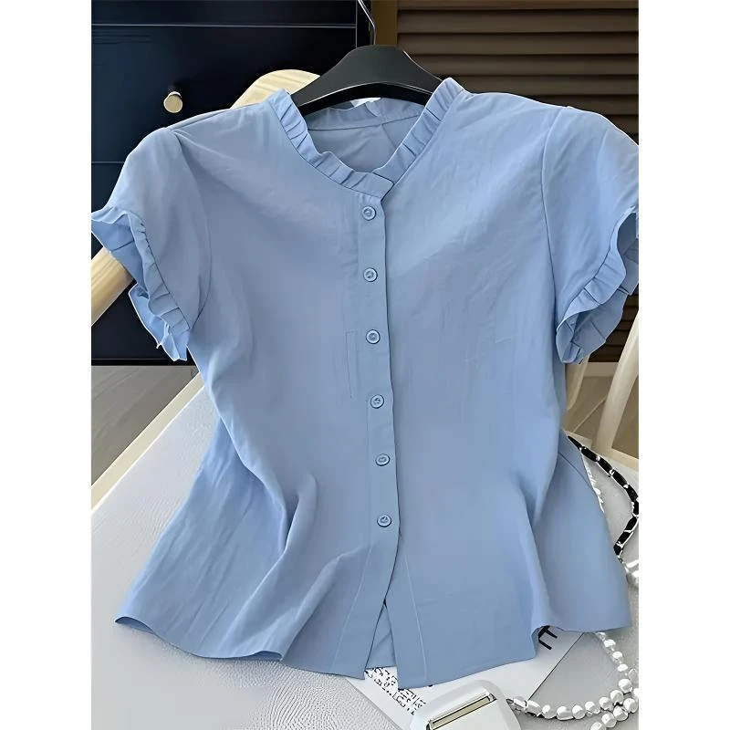 今年流行爆款多巴胺蓝色短袖衬衫2025夏季新款洋气小衫洋气上衣女