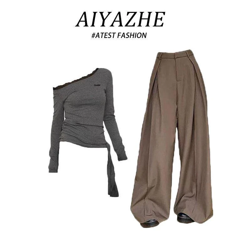 辣妹风蕾丝花边拼接字母刺绣上衣咖色休闲长裤两件套春秋新款套装