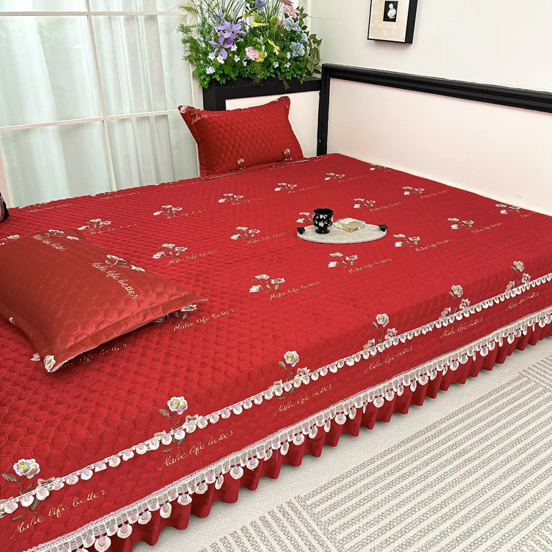定做榻榻米床盖单件绣花牛奶绒加厚夹棉床单冬季大炕防滑床垫炕单