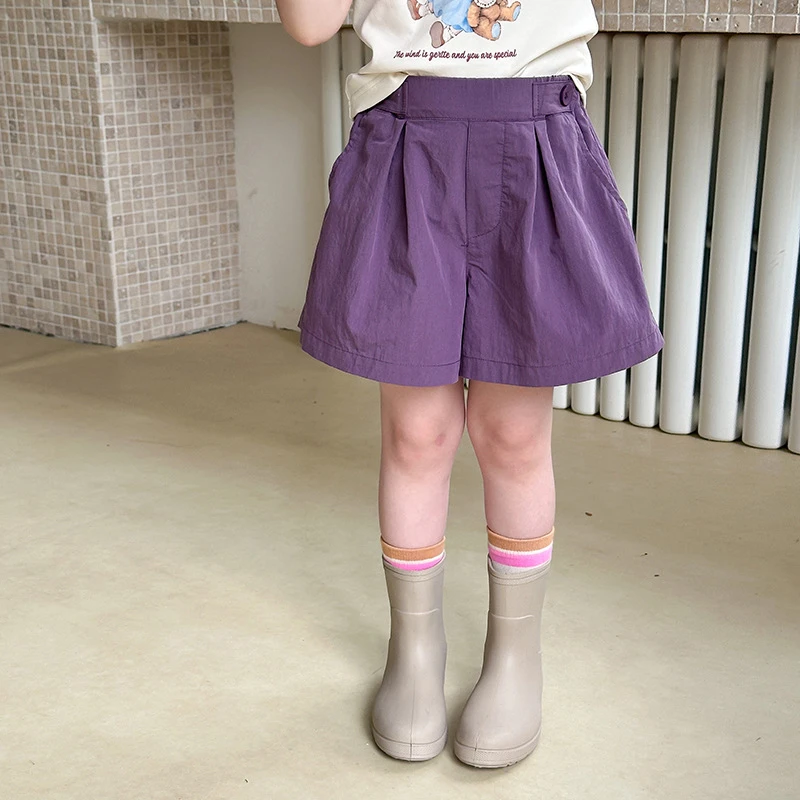【现货已开价】儿童韩版休闲宽松热裤女童纯色压褶两粒扣短裤25C062