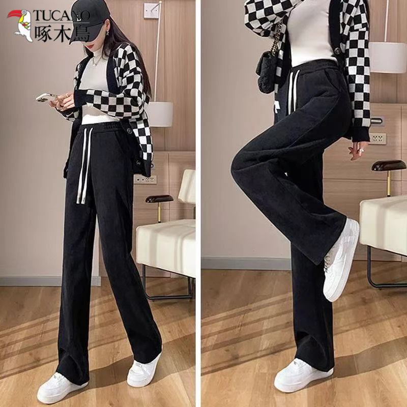 TUCANO/啄木鳥雪尼尔阔腿裤女装秋冬款休闲宽松小个子直筒糯米裤