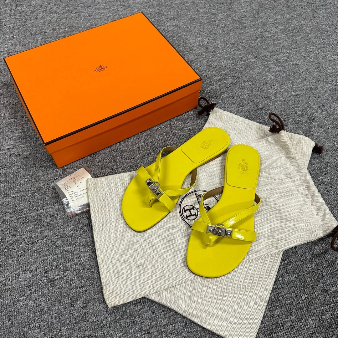 99新 Hermes/爱马仕 黄色 Cdc 荧光绿 拖鞋 36码