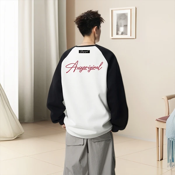 美式拼色插肩袖长袖纯棉t恤男秋高街宽松内搭打底衫休闲圆领男装