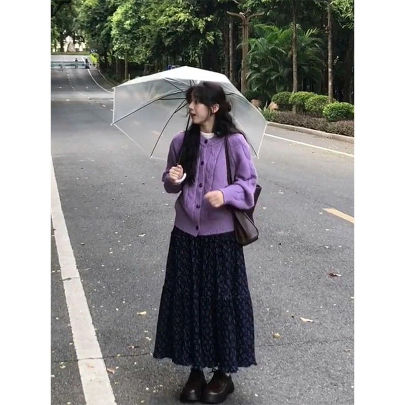 MARIE.COCO韩系穿搭紫色针织毛衣外套女秋季碎花A字半身裙套装