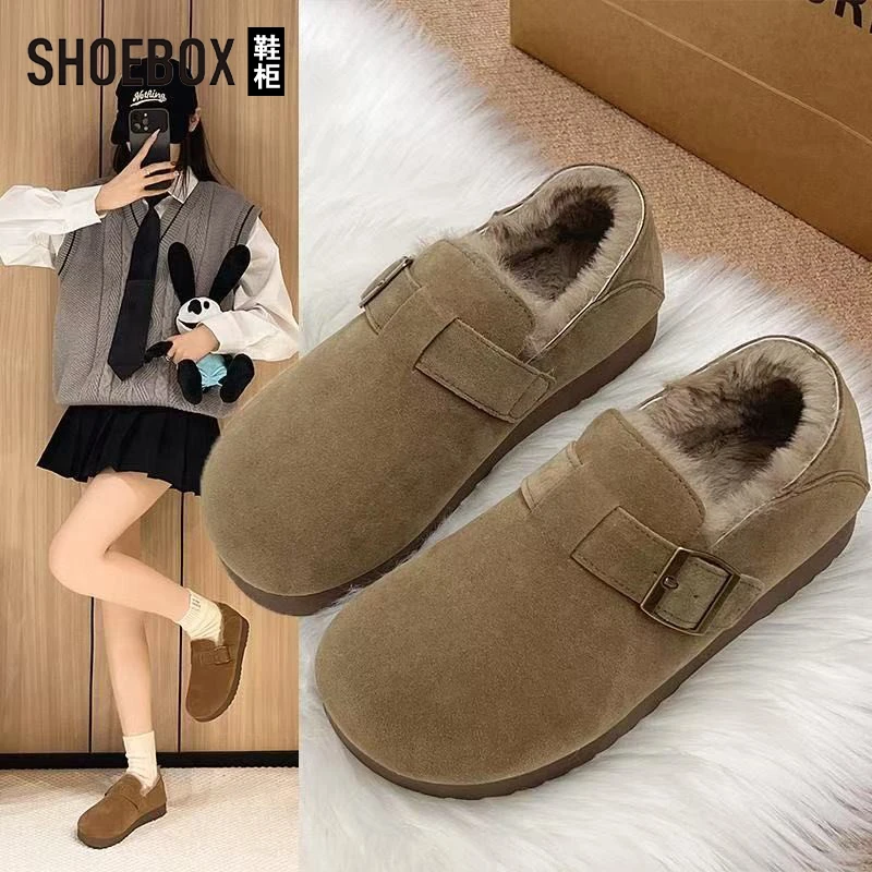 达芙妮旗下爆款厚底全包勃肯鞋女2025冬季新款加绒保暖一脚蹬棉鞋