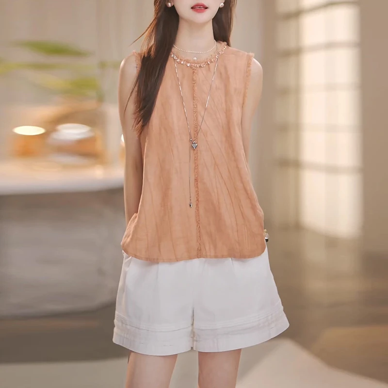 法式温柔时尚套装女2025夏季新款薄款钉珠无袖衬衫休闲短裤两件套