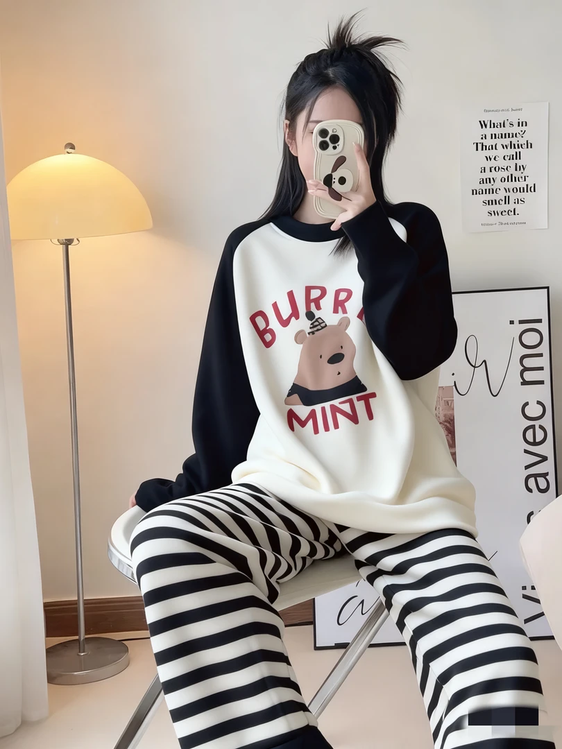 秋冬季睡衣女士棉长袖长裤带胸垫休闲宽松亲肤可外穿家居服套装