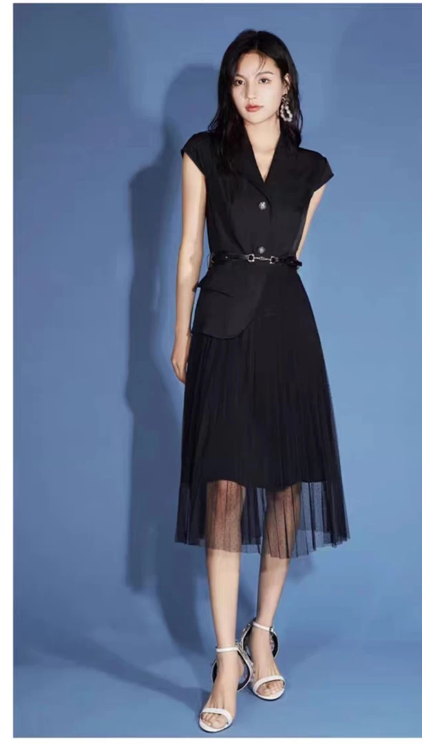 西装V领裙气质夏季黑色显瘦女士高腰百搭  偏小