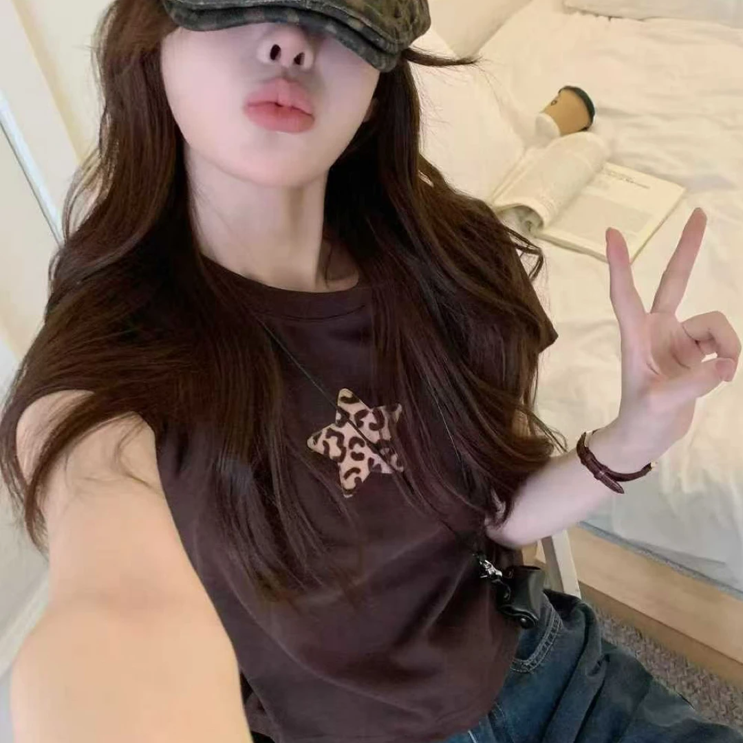 秋上新【娅朵】韩版25887短款短袖磨毛豹纹星星千金风印花T恤重工