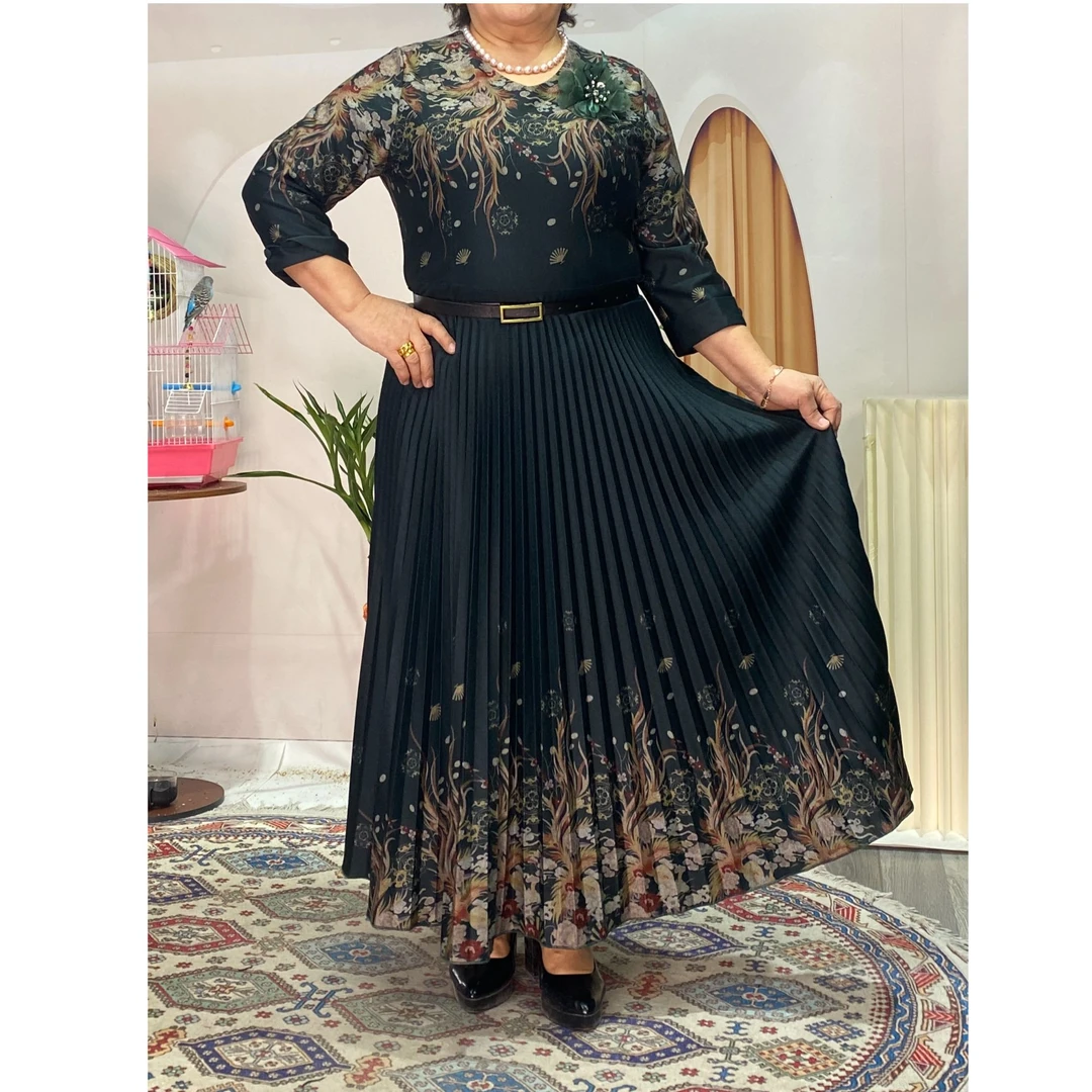 甜美妈妈纯色薄款高腰民族风时尚百褶复古绣花印花