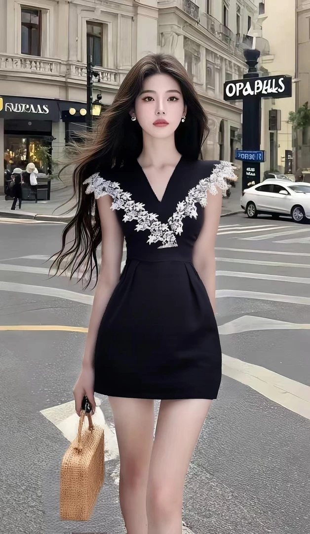 夏季新款轻奢优雅小众黑色V领修身收腰包臀连衣裙女高级氛围感