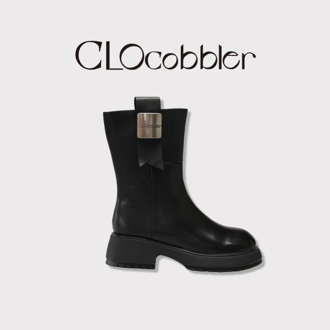 柯洛欧25年秋冬黑色时尚英伦风百搭小牛皮皮毛一体女士中筒靴子