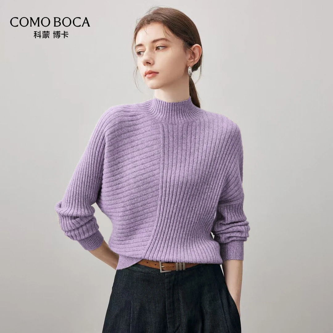 COMOBOCA/科蒙·博卡不规则抽条山羊绒蝙蝠袖针织打底衫女KST1646