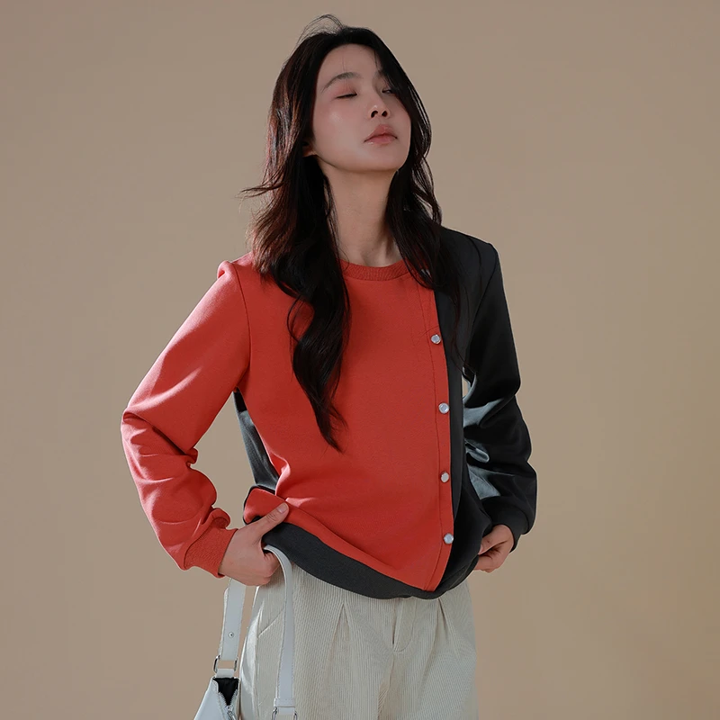 74655秋冬新款爆款时尚洋气设计感小众拼接正肩显瘦圆领卫衣女款