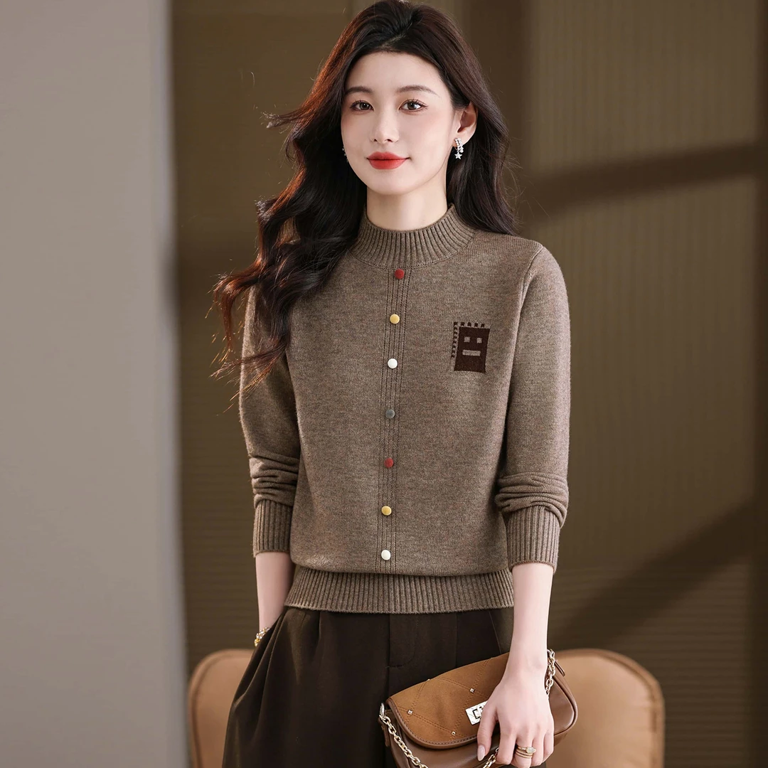 洋气拼色针织衫女士中年妈妈2025秋冬季新款宽松显瘦遮肉打底毛衣