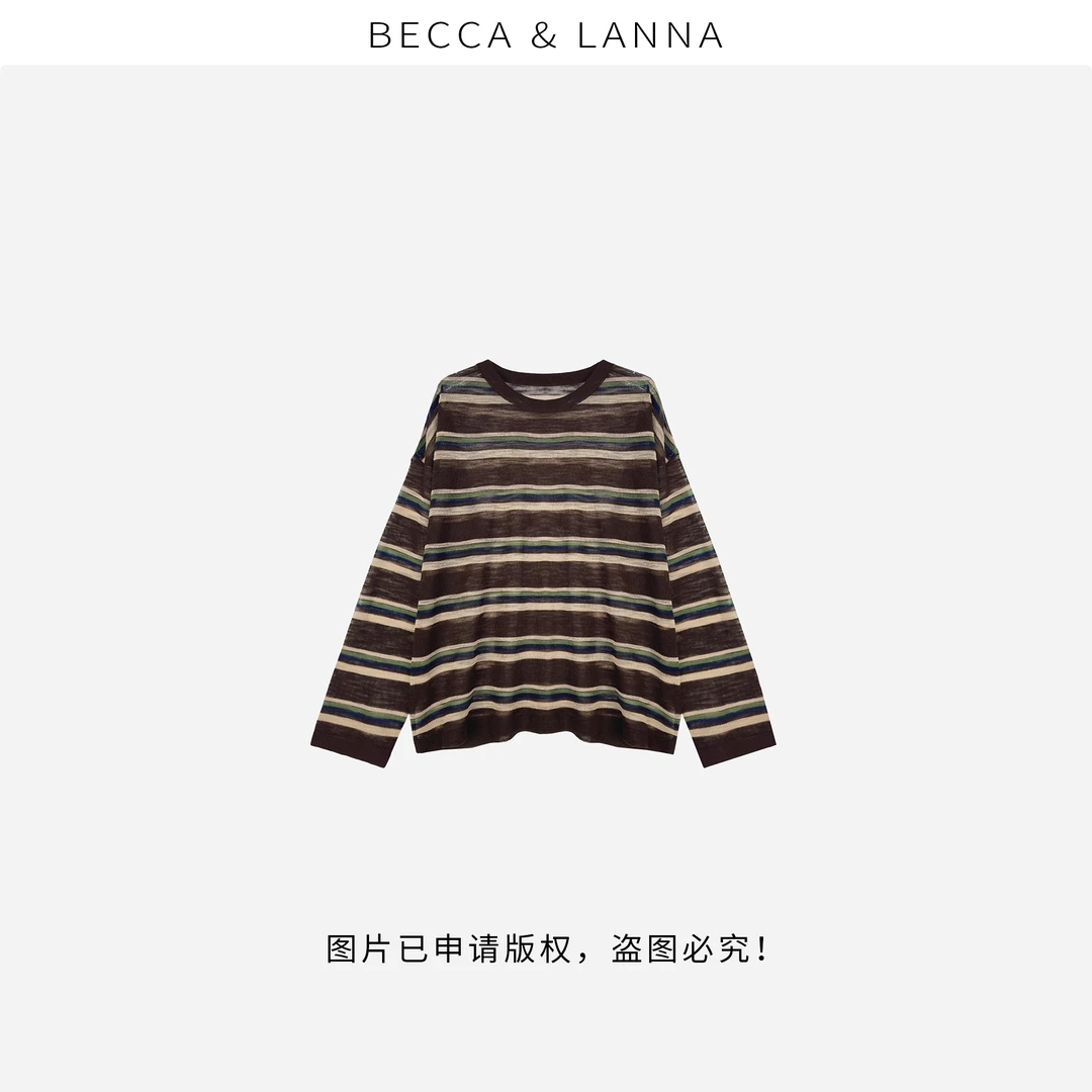 D0109 女士春季休闲气质圆领长袖条纹撞色针织衫 女装