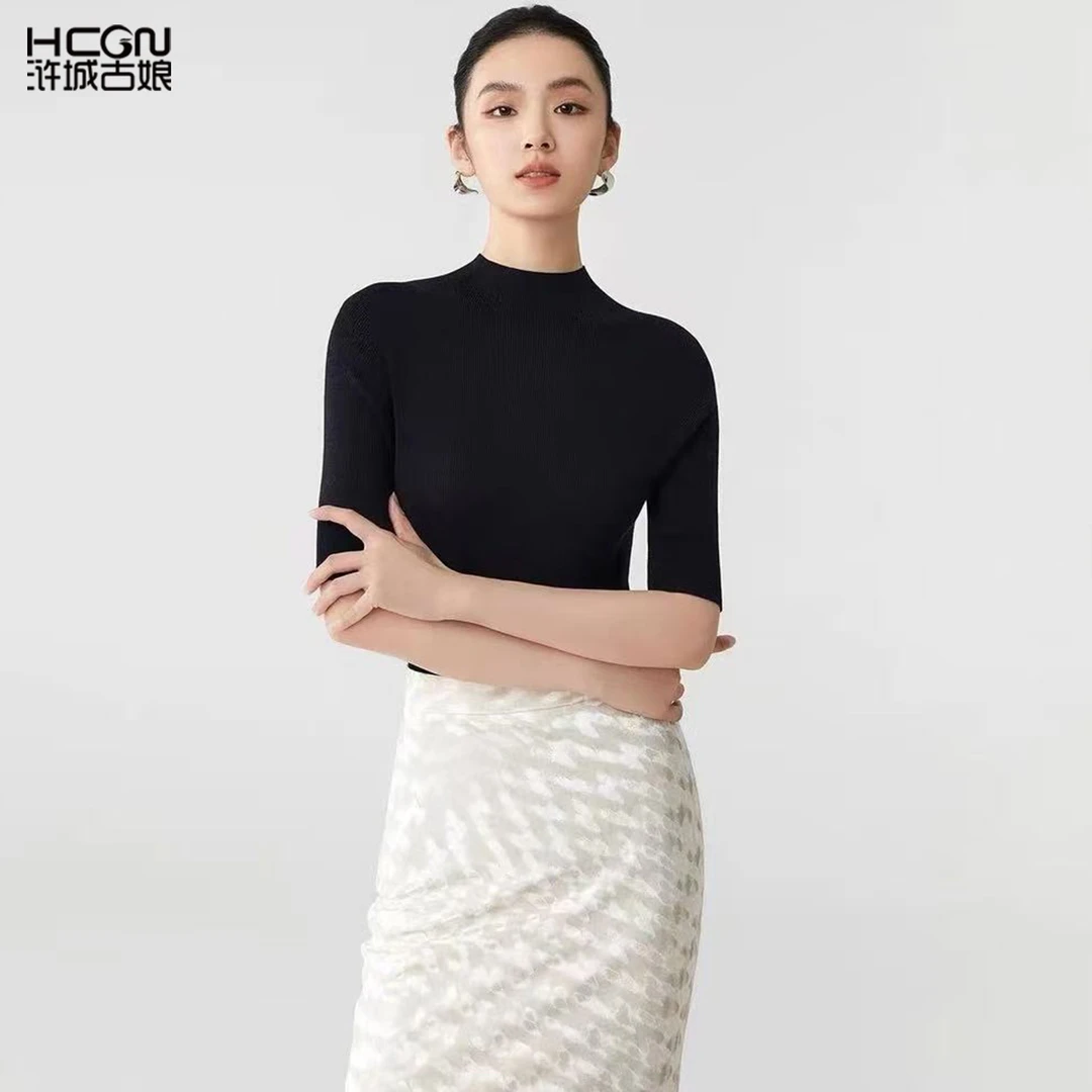 浒城古娘春夏纯色弹力百搭舒适修身立领气质时尚针织上衣WS031802