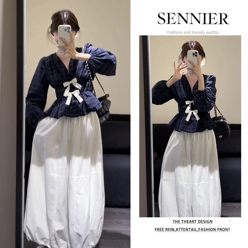 早秋穿搭女2025新款法式设计感v领蝴蝶结长袖衬衫半身裙两件套装