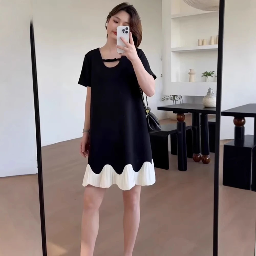 2025年夏季大码气质通勤风高级感拼接短袖U字领中长A字棉聚酯混纺