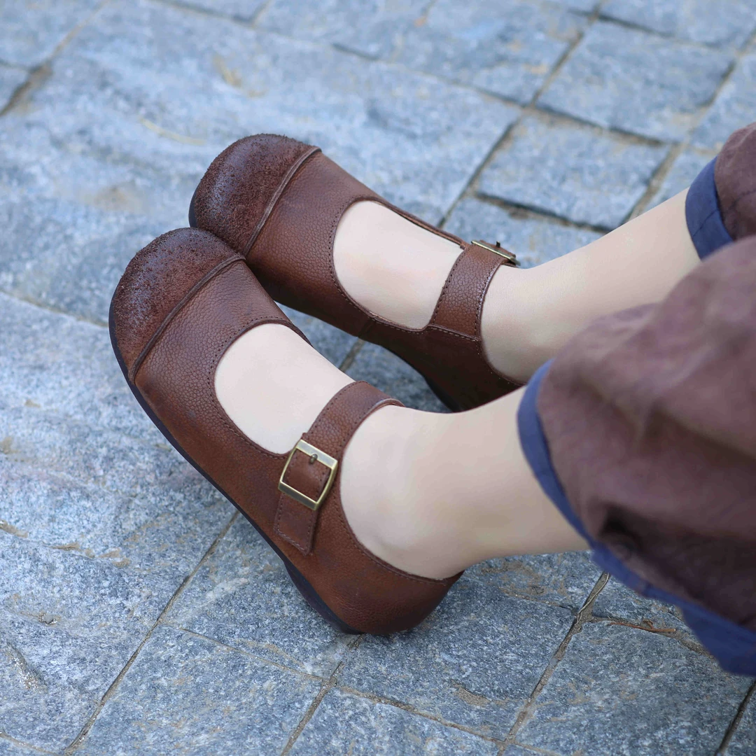 168-1朴艺夏季复古风玛丽珍牛皮单鞋舒适软底真皮休闲浅口妈妈鞋